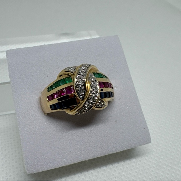 Beautiful Sapphire Emerald Ruby &Diamond 14K Yellow GoldRing 4.87 Grams Size 7